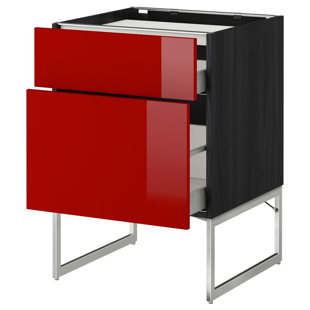 Напольный шкаф, 2 фронтальных панели, 3 ящика МЕТОД / МАКСИМЕРА, черный, Рингульт красный - схема-чертеж с размерами
