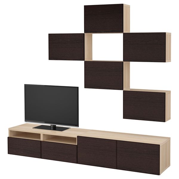 Шкаф для ТВ, комбинация БЕСТО, под беленый дуб, Инвикен черно-коричневый (240x20/40x204 см) - фото 1