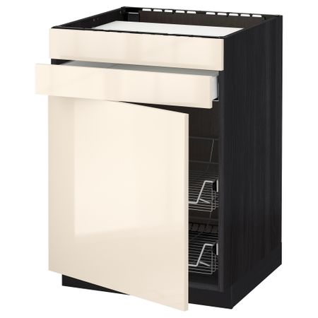 Напольный шкаф для варочной панели, ящик, 2 проволочных корзины МЕТОД / МАКСИМЕРА, черный, Рингульт кремовый (60x60 см)