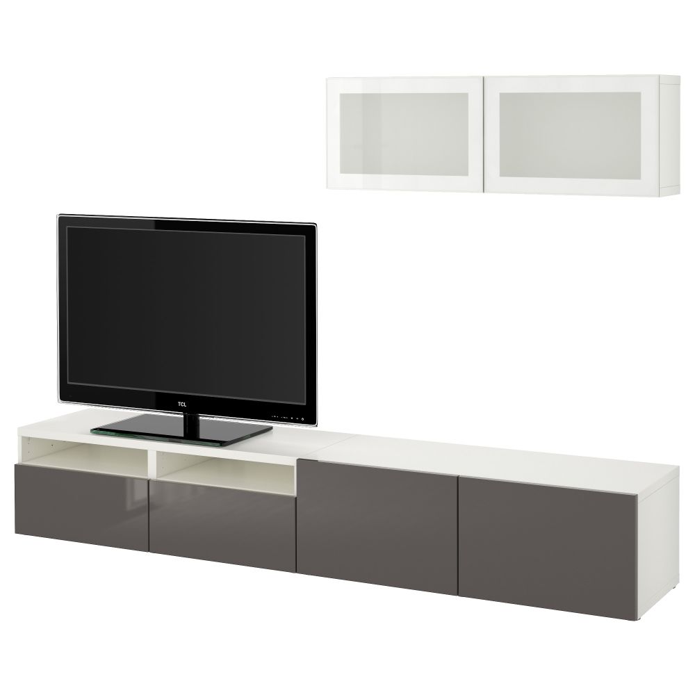 Шкаф для ТВ, комбинированный, стекляные дверцы БЕСТО, белый, Сельсвикен глянцевый/серый матовое стекло (240x20/40x166 см) - фото 1