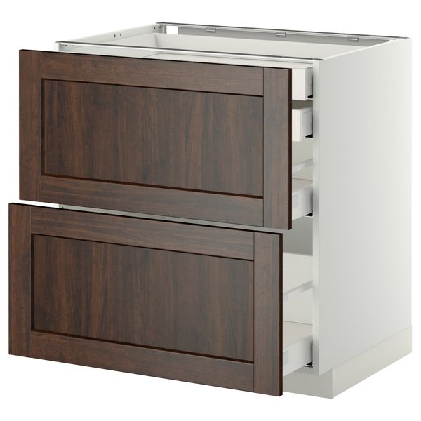 Напольный шкаф 2 фронтальные панели, 2 нижних, 1 средний, 1 высокий ящик МЕТОД / МАКСИМЕРА, белый, Эдсерум коричневый - фото 1