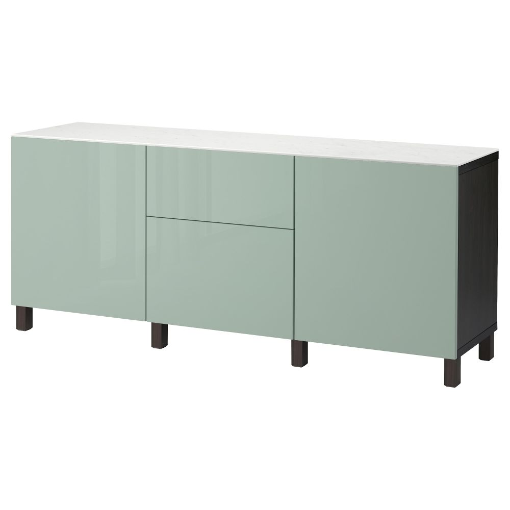 Комбинация для хранения с дверцами, ящиками БЕСТО, черно-коричневый, Сельсвикен глянцевый/серо-зеленый светлый (180x42x74 см) - фото 1