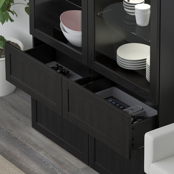 Комбинация для хранения + стеклянная дверцами, 120x40x128 см, Hanviken, Sindvik черно-коричневый прозрачное стекло IKEA BESTÅ - схема-чертеж с размерами