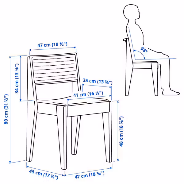 2025 СТОКГОЛЬМ 2025 Стул IKEA, дополнительный ракурс - схема-чертеж с размерами