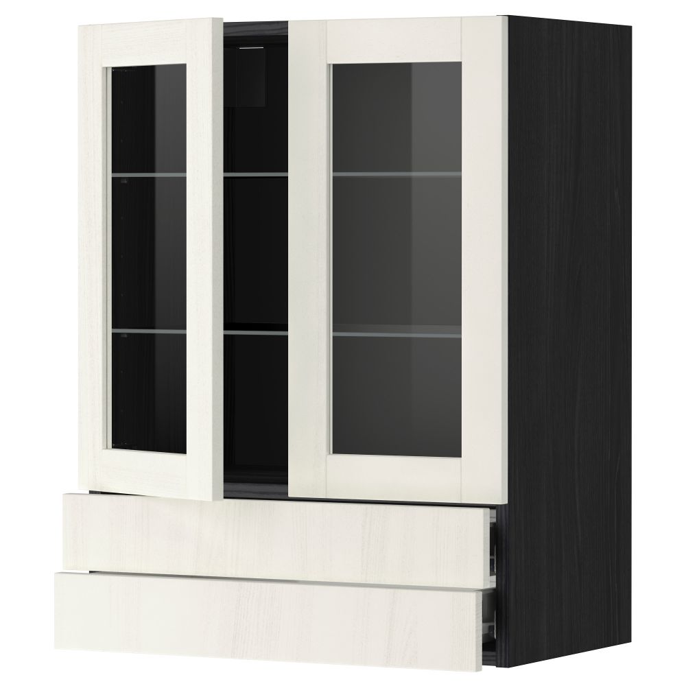 Навесной шкаф, 2 стеклянные дверцы, 2 ящика МЕТОД / ФОРВАРА, черный, Росдаль белый - схема-чертеж с размерами