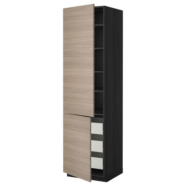 Высокий шкаф + полки, 3 ящика, 2 дверцы МЕТОД / МАКСИМЕРА, черный, Брокхульт светло-серый - фото 1