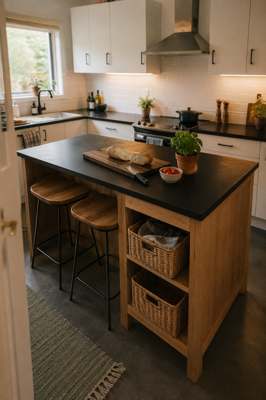 Чёрный кухонный остров VADHOLMA IKEA с основанием из дубового шпона в компактной кухне