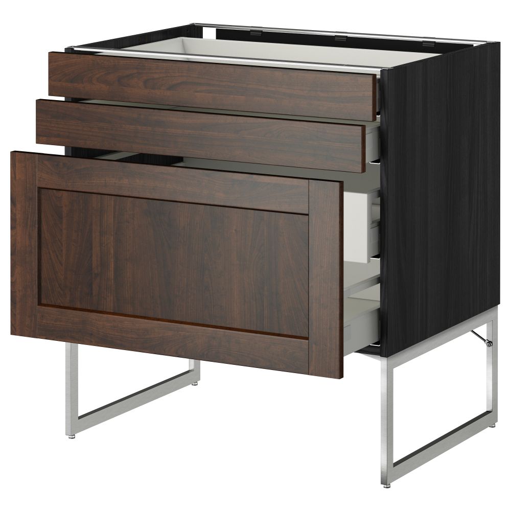 Напольный шкаф 3 фронтальных панели, 2 нижних, 2 средних ящика МЕТОД / МАКСИМЕРА, черный, Эдсерум коричневый - схема-чертеж с размерами