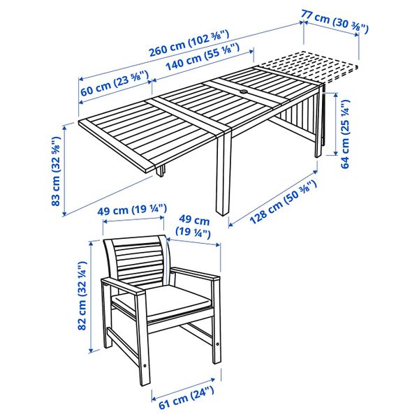 Стол + 4 кресла, для/сада, коричневая морилка/ФРЁСЁН/ДУВХОЛЬМЕН бежевый IKEA ÄPPLARÖ ЭПЛАРО 792.920.86 - схема-чертеж с размерами