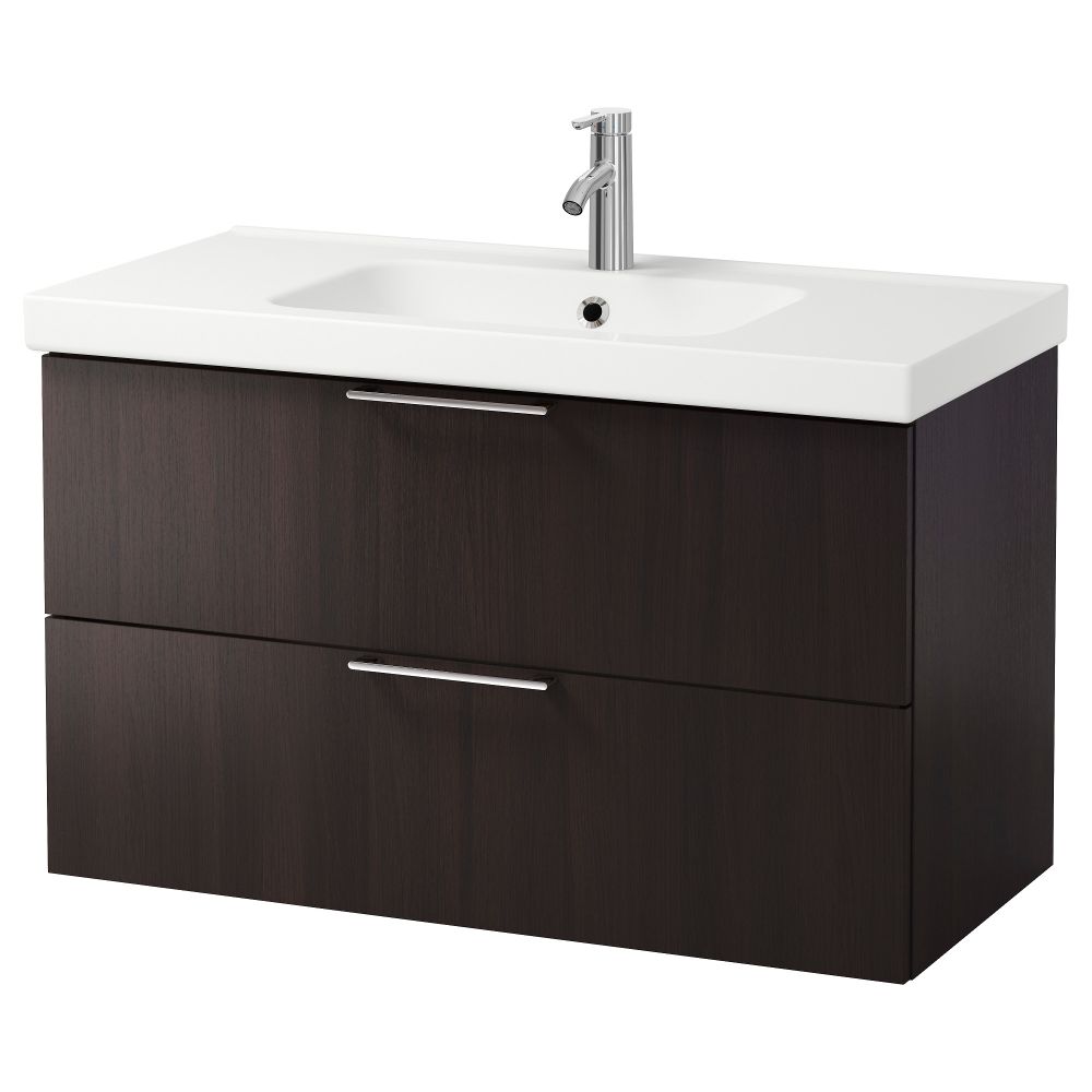 Шкаф для раковины с 2 ящиками ГОДМОРГОН / ОДЕНСВИК, черно-коричневый (100x49x64 см) - фото 1