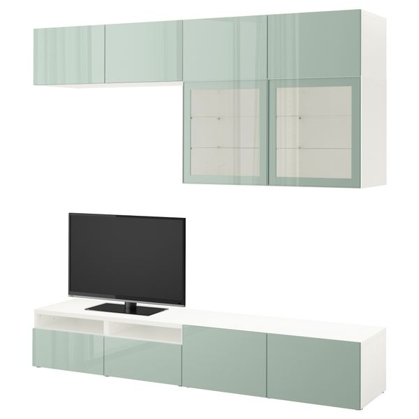 Шкаф для ТВ, комбинированный, стекляные дверцы БЕСТО, белый Сельсвикен, глянцевый/серо-зеленый светлый прозрачное стекло - фото 1