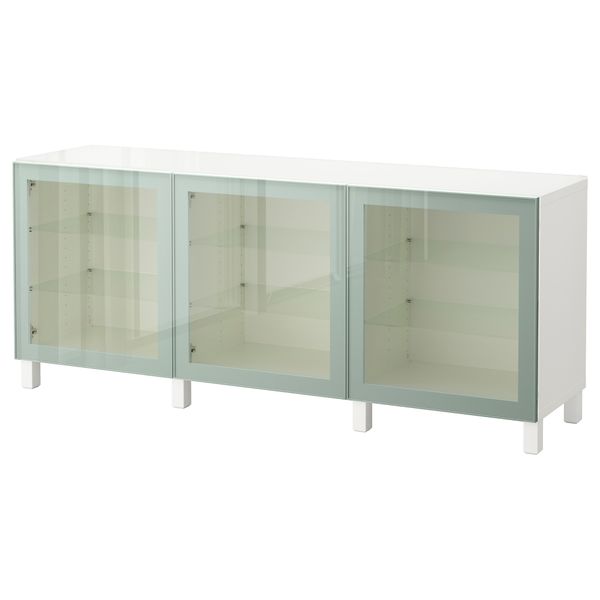 Комбинация для хранения с дверцами БЕСТО, белый Глассвик, глянцевый/серо-зеленый светлый прозрачное стекло (180x40x74 см) - фото 1