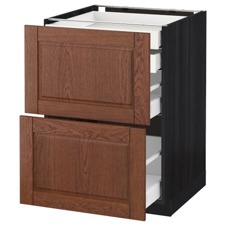 Напольный шкаф 2 фронтальные панели, 2 нижних, 1 средний, 1 высокий ящик МЕТОД / МАКСИМЕРА, черный, Филипстад коричневый