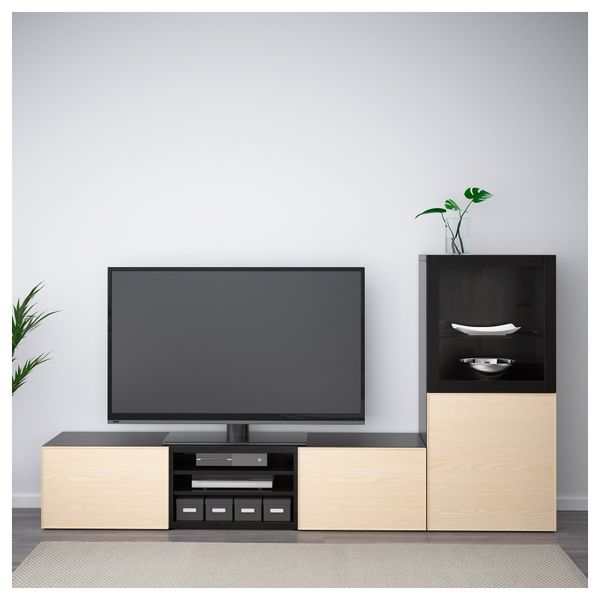 Шкаф для ТВ, комбинированный, стекляные дверцы БЕСТО, черно-коричневый, Инвикен ясеневый шпон (240x40x128 см) - фото 2