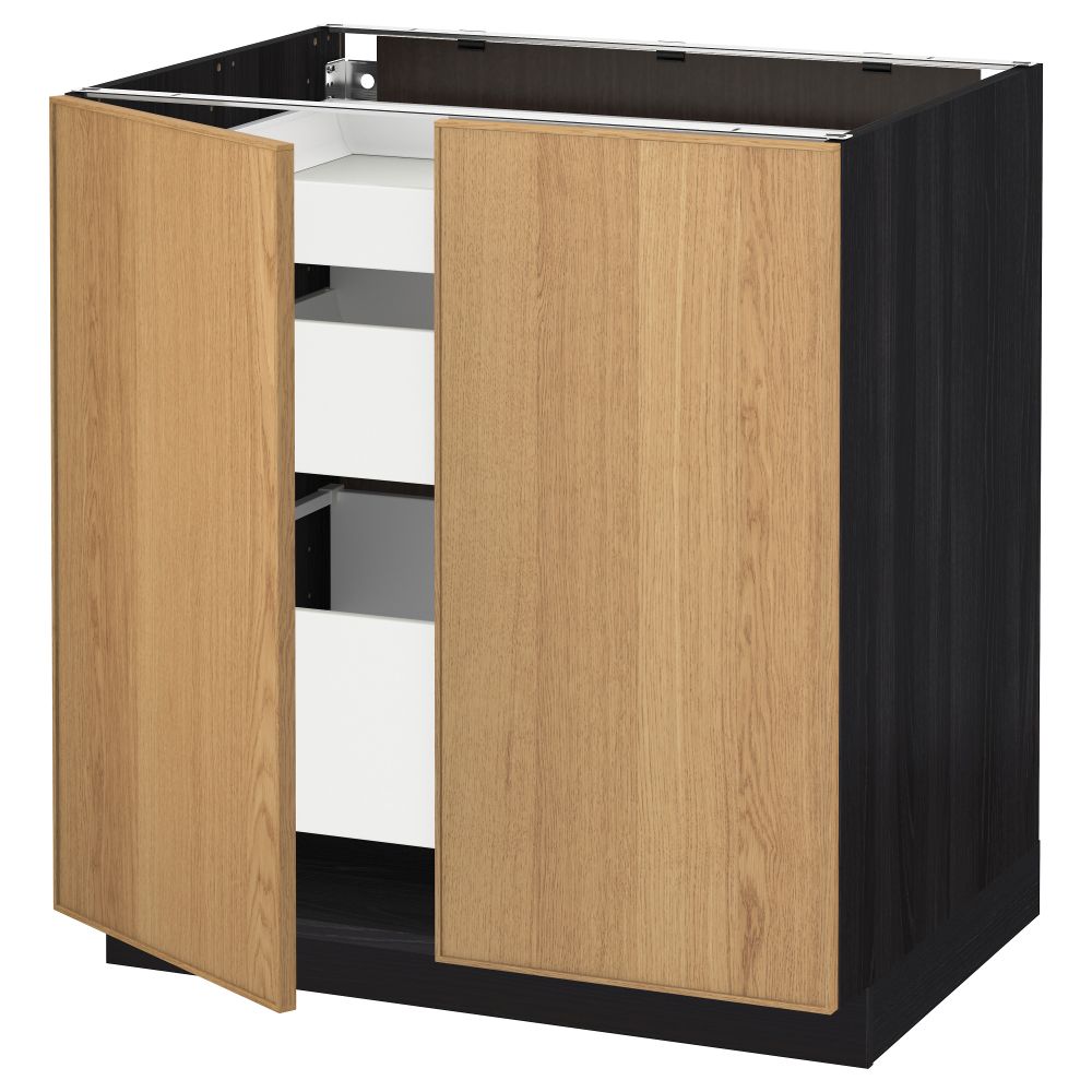 Напольный шкаф с 2 дверцами, 3 ящиками МЕТОД / МАКСИМЕРА, черный, Экестад дуб (80x60 см) - схема-чертеж с размерами