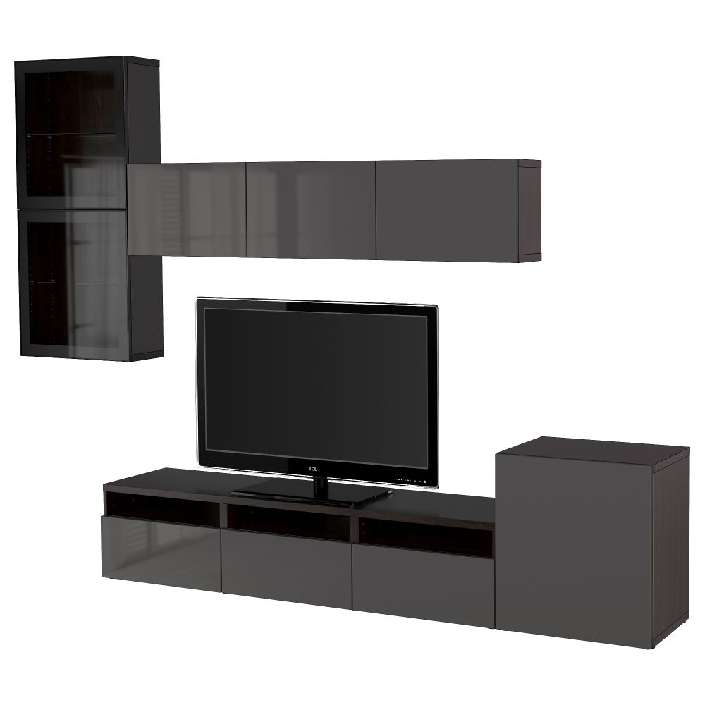 Шкаф для ТВ, комбинированный, стекляные дверцы БЕСТО, черно-коричневый, Сельсвикен глянцевый/серый прозрачное стекло - фото 1