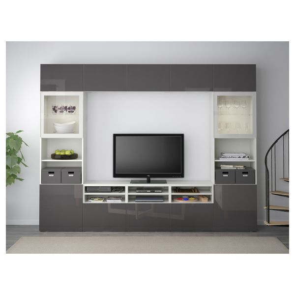 Шкаф для ТВ, комбинированный, стекляные дверцы БЕСТО, белый, Сельсвикен глянцевый/серый прозрачное стекло (300x40x230 см) - фото 2