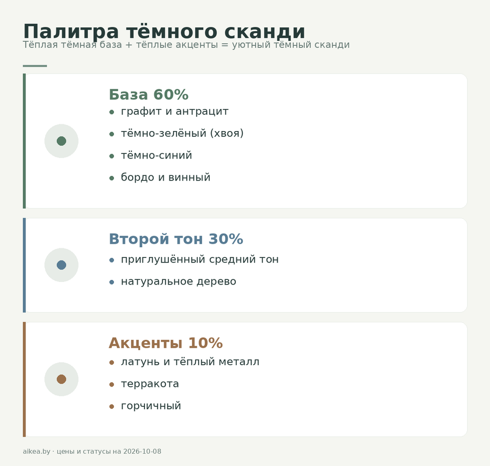 Палитра тёмного сканди: база 60%, второй тон 30%, акценты 10% с примерами цветов