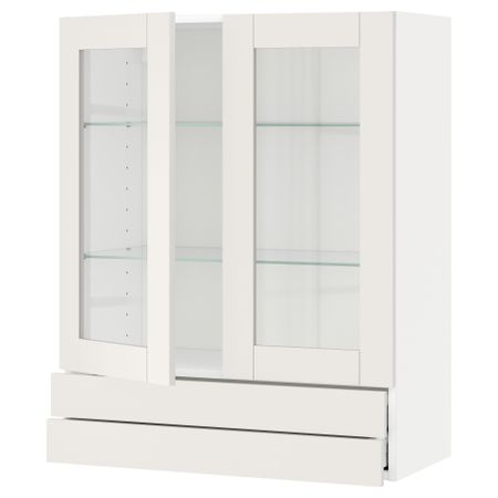 Навесной шкаф, 2 стеклянные дверцы, 2 ящика МЕТОД / МАКСИМЕРА, белый, Сэведаль белый