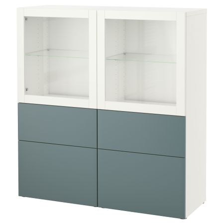 Комбинация для хранения со стеклянными дверцами БЕСТО, белый, Вальвикен серо-бирюзовый, прозрачное стекло (120x40x128 см)