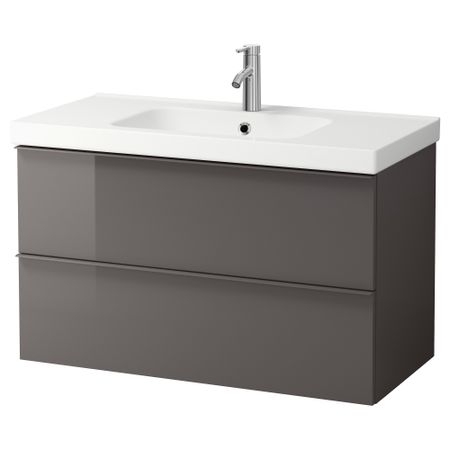 Шкаф для раковины с 2 ящиками ГОДМОРГОН / ОДЕНСВИК, глянцевый серый (100x49x64 см)