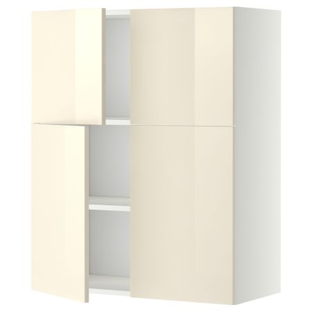 Навесной шкаф с полками, 4 дверцы МЕТОД, белый, Рингульт кремовый (80x100 см)