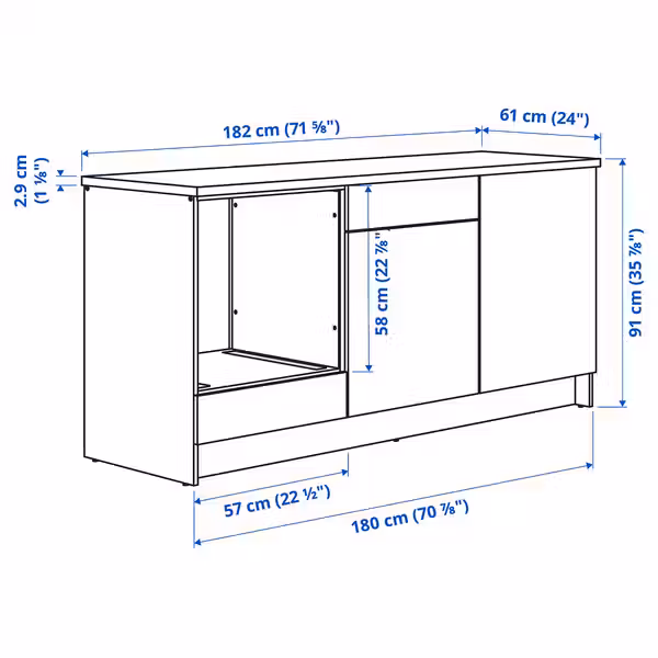 KNOXHULT Напольный шкаф с дверцами и ящиком - белый 180 см - схема-чертеж с размерами