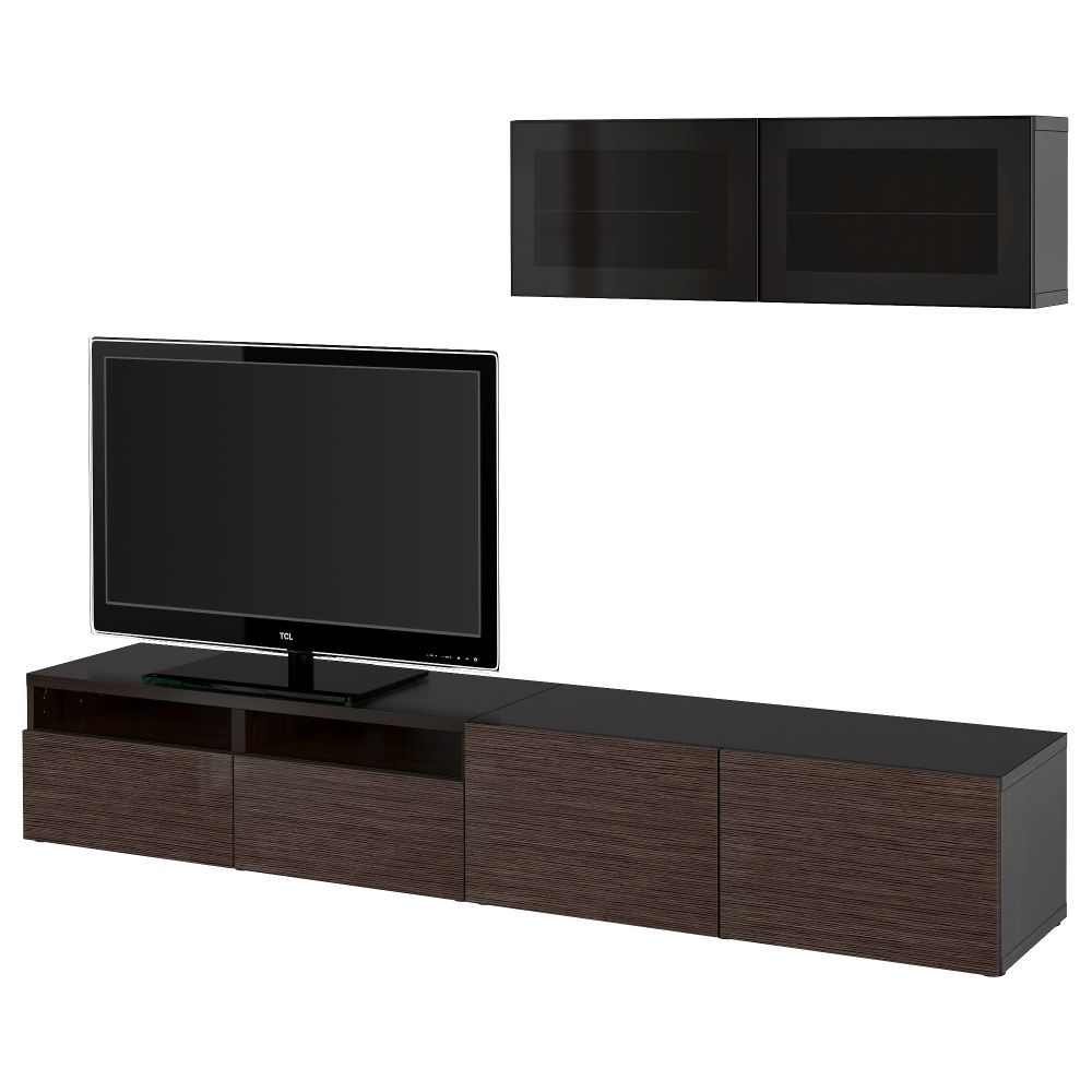 Шкаф для ТВ, комбинированный, стекляные дверцы БЕСТО, черно-коричневый, Сельсвикен глянцевый/коричневый дымчат стекло - фото 1