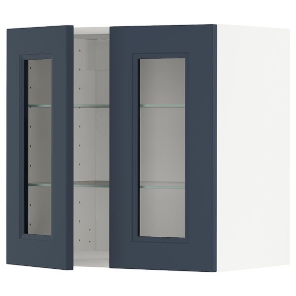 Навесной шкаф/полки/2стеклян двери, белый Акстад/матовая поверхность синий 60x60 см IKEA METOD МЕТОД 394.457.84 - фото 1