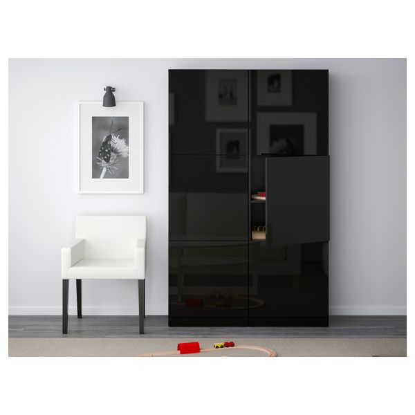 Комбинация для хранения с дверцами БЕСТО, черно-коричневый, Сельсвикен глянцевый/черный (120x40x192 см) - фото 2