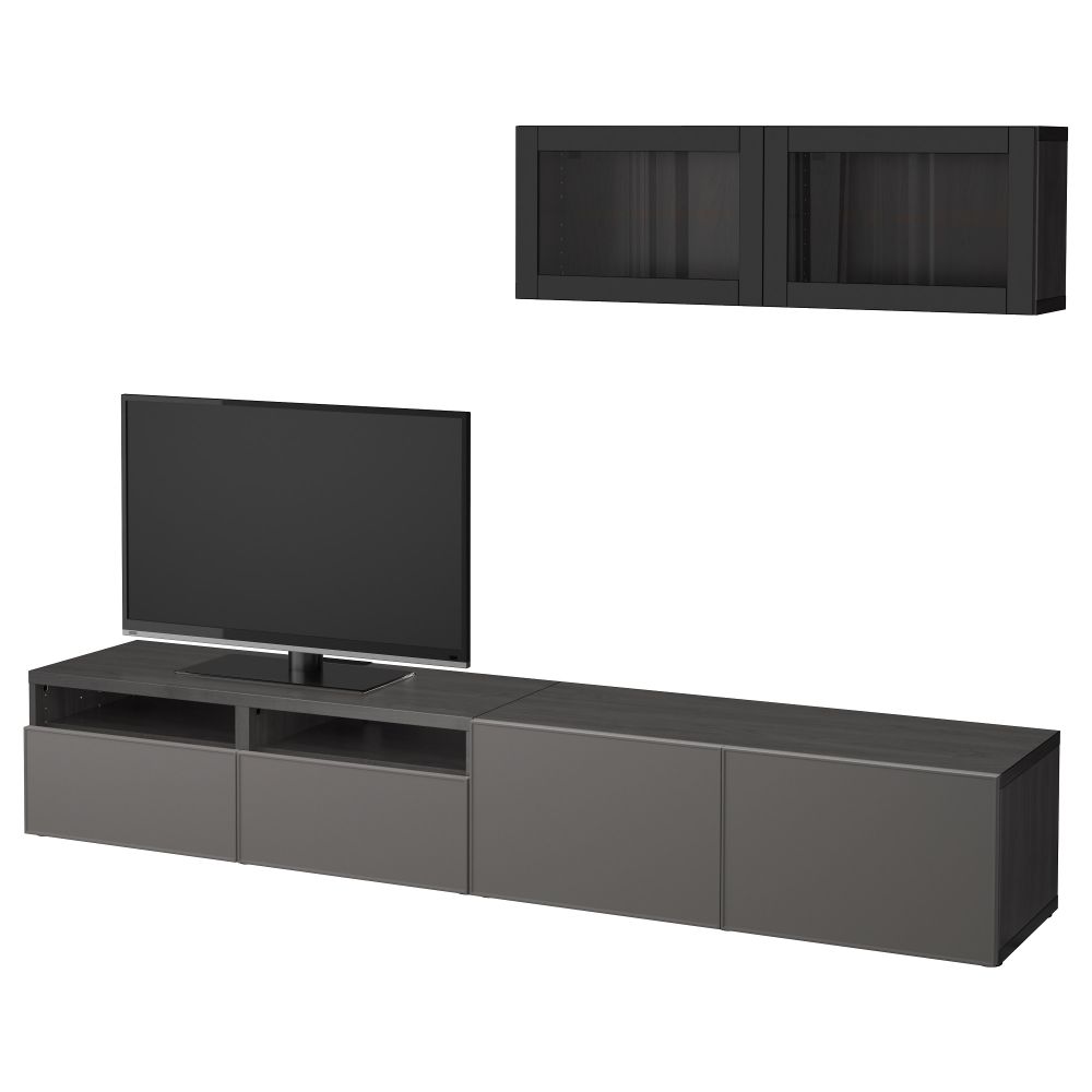 Шкаф для ТВ, комбинированный, стекляные дверцы БЕСТО, черно-коричневый Грундсвикен, темно-серый прозрачное стекло (240x20/40x166 - фото 1