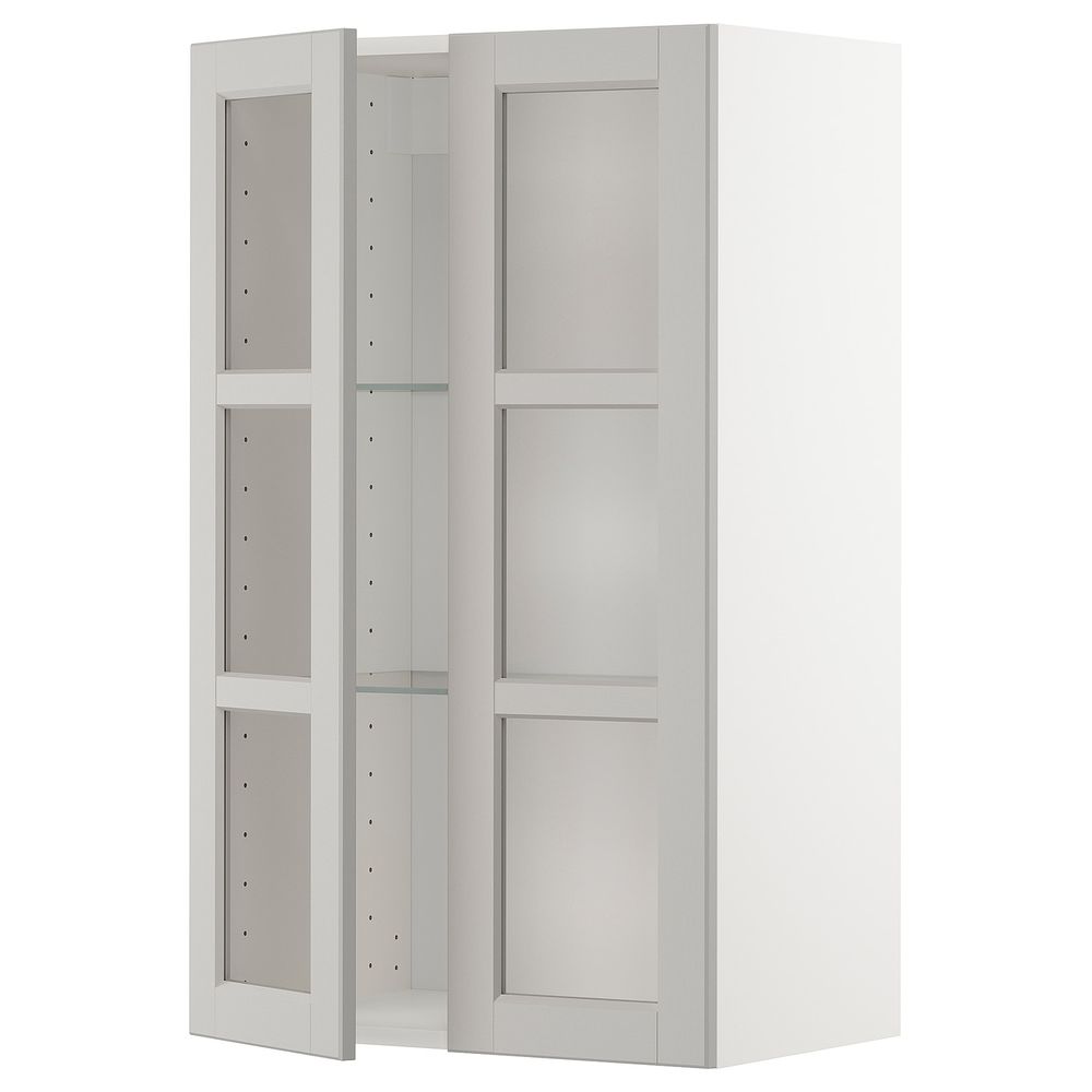 Навесной шкаф с полками, 2 стекло дв, белый/Лерхюттан светло-серый 60x100 см IKEA METOD МЕТОД 992.727.61 - фото 1