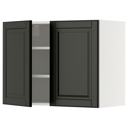 METOD Навесной шкаф с полками/2дверцы - белый/Bodbyn чёрный 80x60 см
