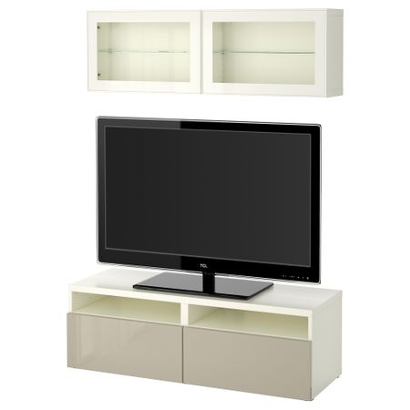 Шкаф для ТВ, комбинированный, стекляные дверцы БЕСТО, белый, Сельсвикен глянцевый/бежевый прозрачное стекло (120x20/40x166 см)