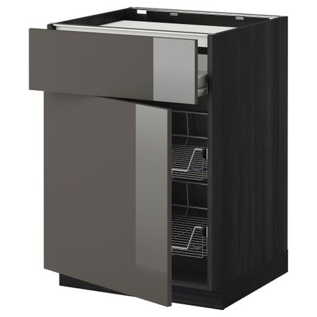 Напольный шкаф для варочной панели, ящик, 2 проволочных корзины МЕТОД / ФОРВАРА, черный, Рингульт серый (60x60 см)