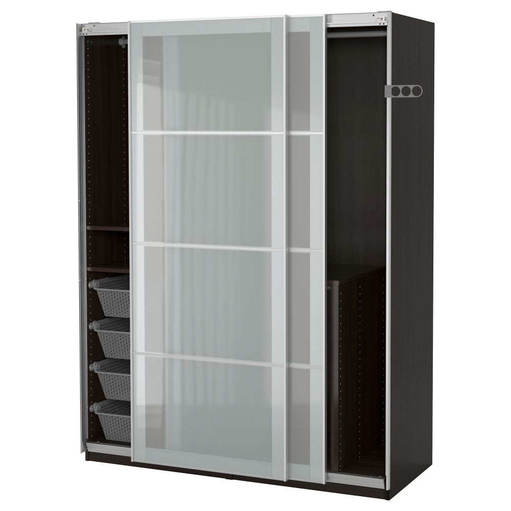 Гардероб ПАКС, черно-коричневый, Сэккен матовое стекло - фото 1