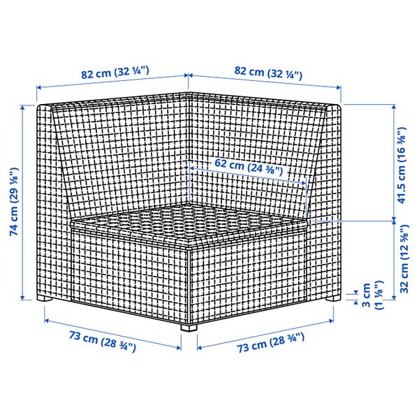 Садовая угловая секция, коричневый IKEA SOLLERÖN СОЛЛЕРОН 803.736.23 - схема-чертеж с размерами
