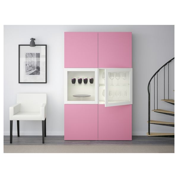 Комбинация для хранения со стеклянными дверцами БЕСТО, Лаппвикен розовый, Синдвик белый прозрачное стекло (120x40x192 см) - фото 2
