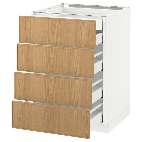 Напольный шкаф 4 фронтальных, 2 низких, 3 средних ящ, белый/Экестад дуб 60x60 см IKEA METOD МЕТОД / MAXIMERA МАКСИМЕРА - схема-чертеж с размерами
