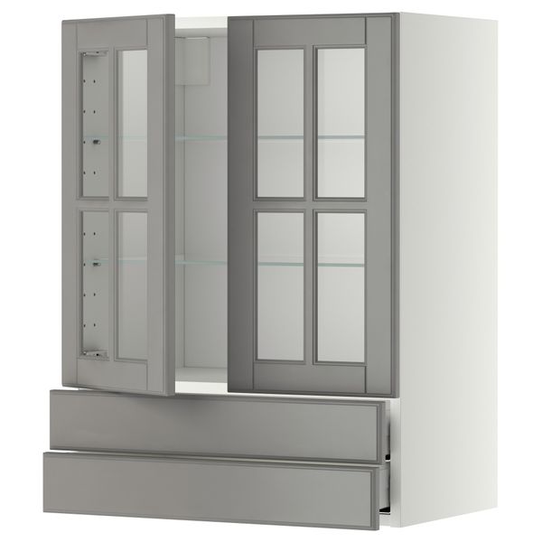 Навесной шкаф, 2 стеклянные дверцы, 2 ящика МЕТОД / МАКСИМЕРА, белый, Будбин серый - схема-чертеж с размерами