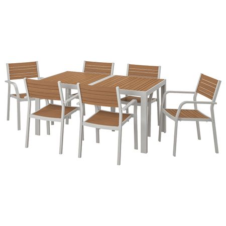 Стол + 6 кресел,д/сада, светло-коричневый/светло-серый 156x90 см IKEA SJÄLLAND ШЭЛЛАНД 392.652.02