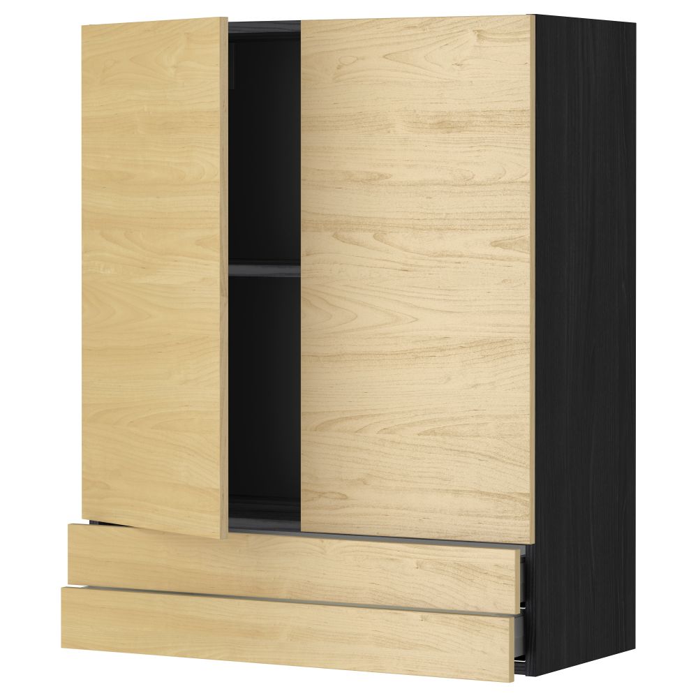 Навесной шкаф, 2 дверцы, 2 ящика МЕТОД / МАКСИМЕРА, черный, Тингсрид береза - фото 1