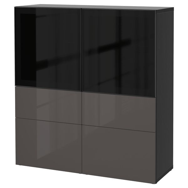 Комбинация для хранения со стеклянными дверцами БЕСТО, черно-коричневый, Сельсвикен глянцевый/серый дымчатое стекло (120x40x128 - фото 1