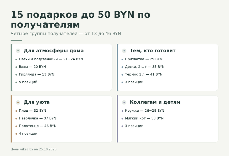 Инфографика: 15 подарков ИКЕА до 50 BYN в четырёх группах по получателям