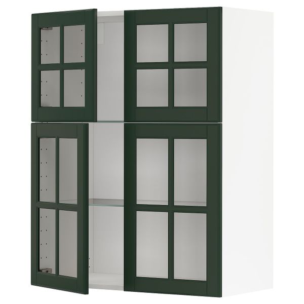 Навесной шкаф/полки/4 стеклян двери, белый/Будбин темно-зеленый 80x100 см IKEA METOD МЕТОД 094.447.95 - фото 1