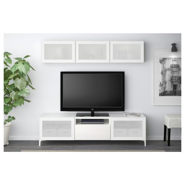 Шкаф для ТВ, комбинированный, стекляные дверцы БЕСТО, белый, Сельсвикен глянцевый/белый матовое стекло (180x20/40x166 см) - фото 2