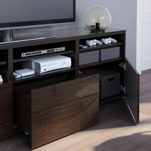 Шкаф для ТВ, комбинированный, стекляные дверцы, черно-коричневый/Сельсвикен глянцевый, коричневый прозрачное стекло 180x40x192 - фото 3