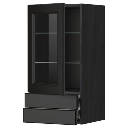 Навесной шкаф, стеклянная дверца, 2 ящика МЕТОД / ФОРВАРА, черный, Лаксарби черно-коричневый