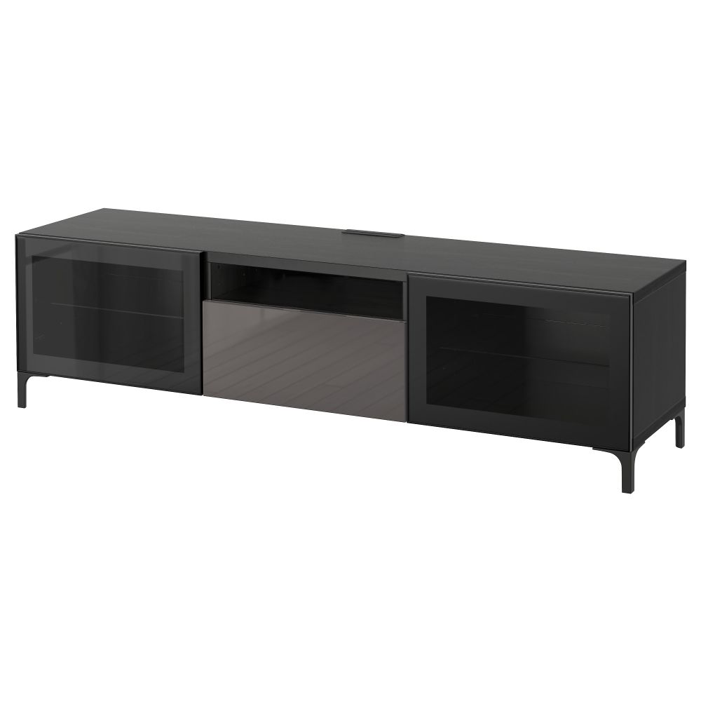 Тумба под ТВ БЕСТО, черно-коричневый, Сельсвикен глянцевый/серый прозрачное стекло (180x40x48 см) - фото 1