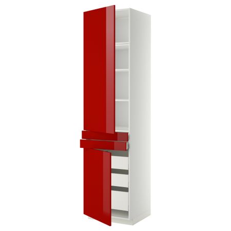 Высокий шкаф + полки, 5 ящиков, 2 дверцы, 2 фронтальных МЕТОД / МАКСИМЕРА, белый, Рингульт красный